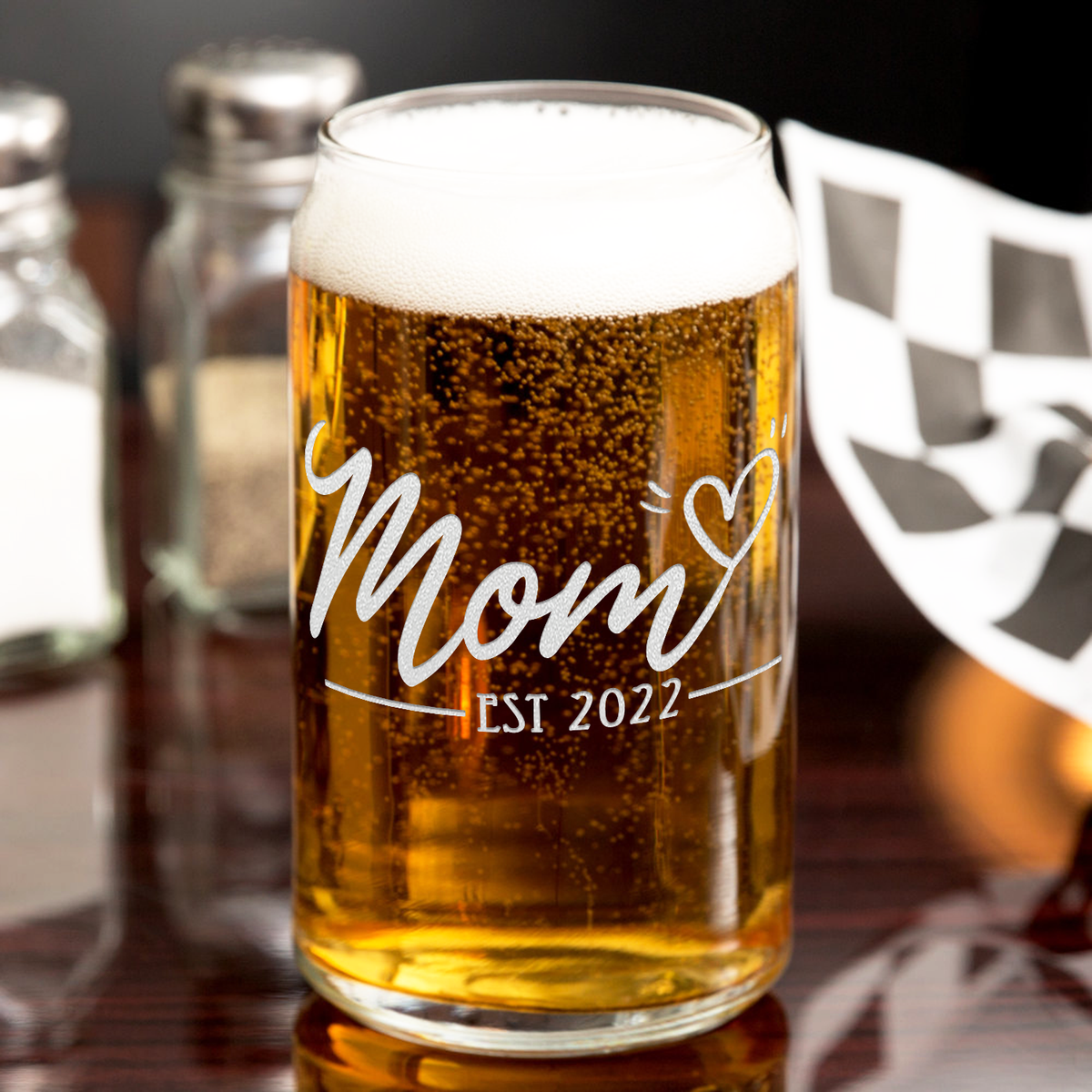  Mom Est 2022 Etched on 16 oz Beer Glass Can