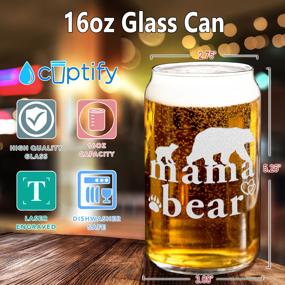  Mama Bear Etched on 16 oz Beer Glass Can