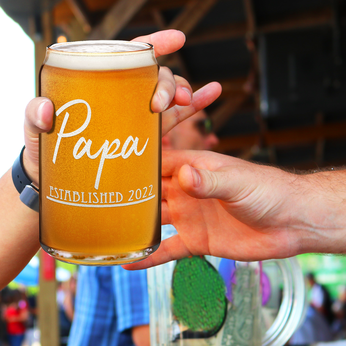  Papa Established 2022 Etched on 16 oz Beer Glass Can