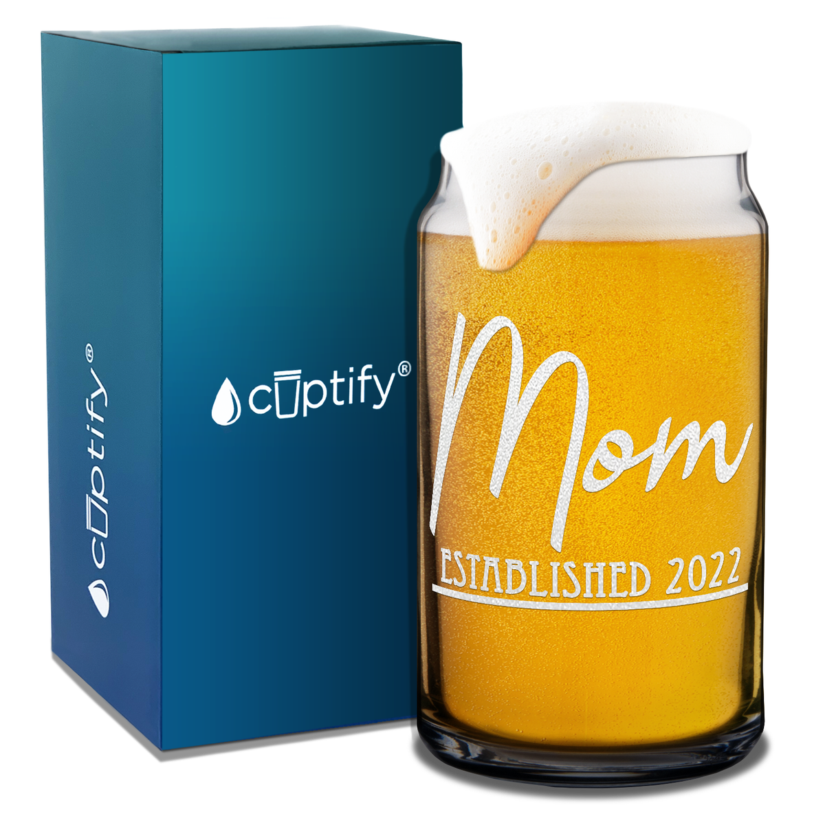  Mom Established 2022 Etched on 16 oz Beer Glass Can