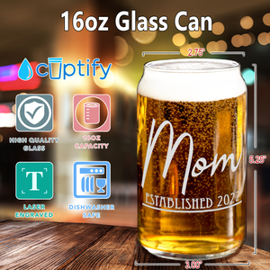  Mom Established 2022 Etched on 16 oz Beer Glass Can