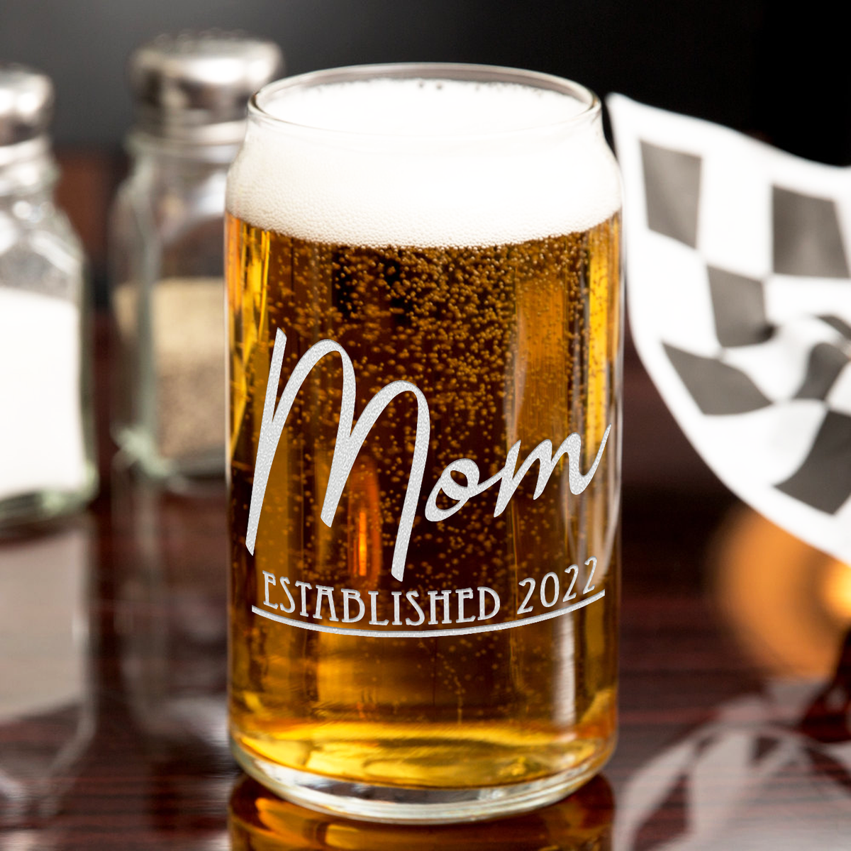  Mom Established 2022 Etched on 16 oz Beer Glass Can