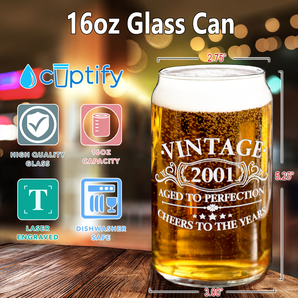 Vintage Cheers to 21 Years 2001 16oz Glass Can