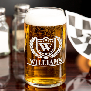 Personalized Monogram with Laurels Etched 16 oz Glass Can