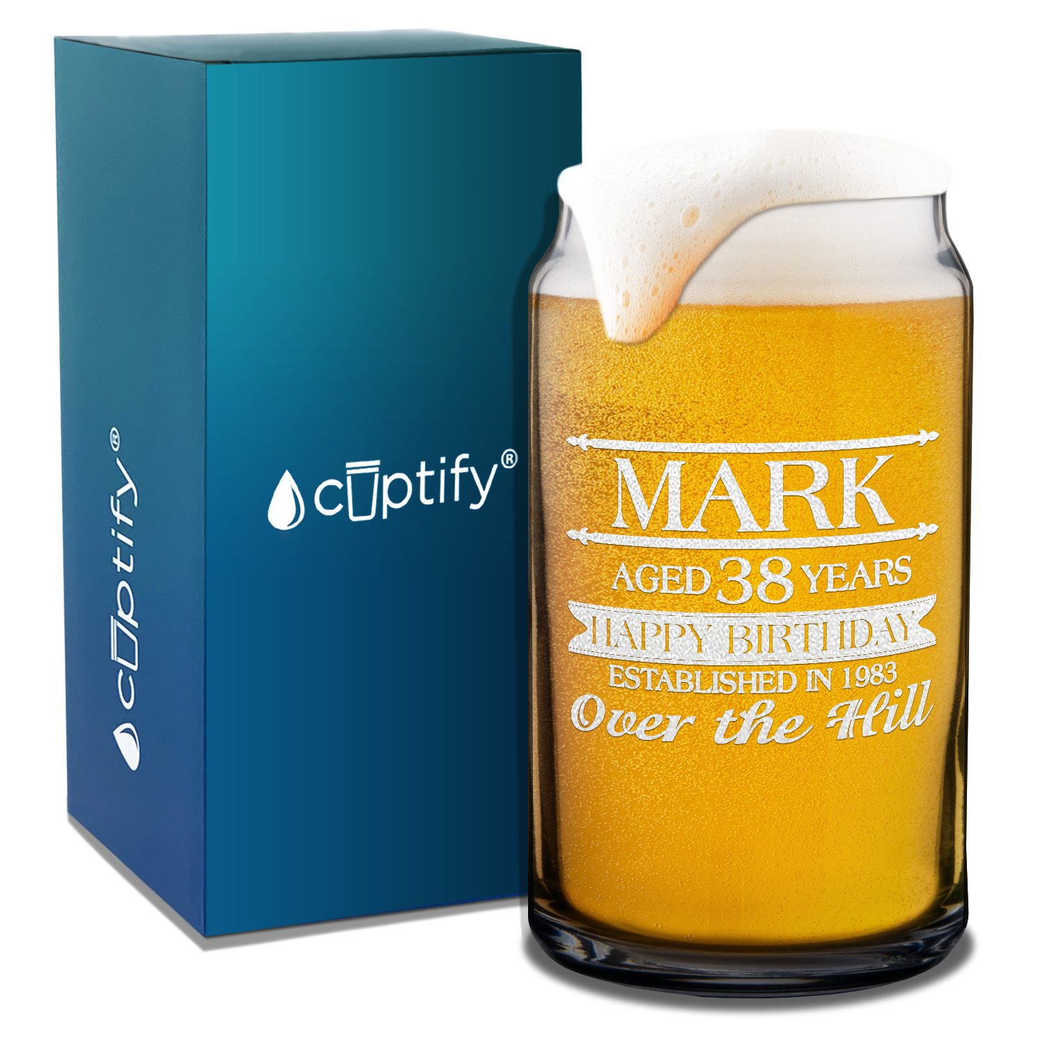 Personalized Name Year and Age Classic Happy Birthday Over The Hill Etched 16 oz Glass Can