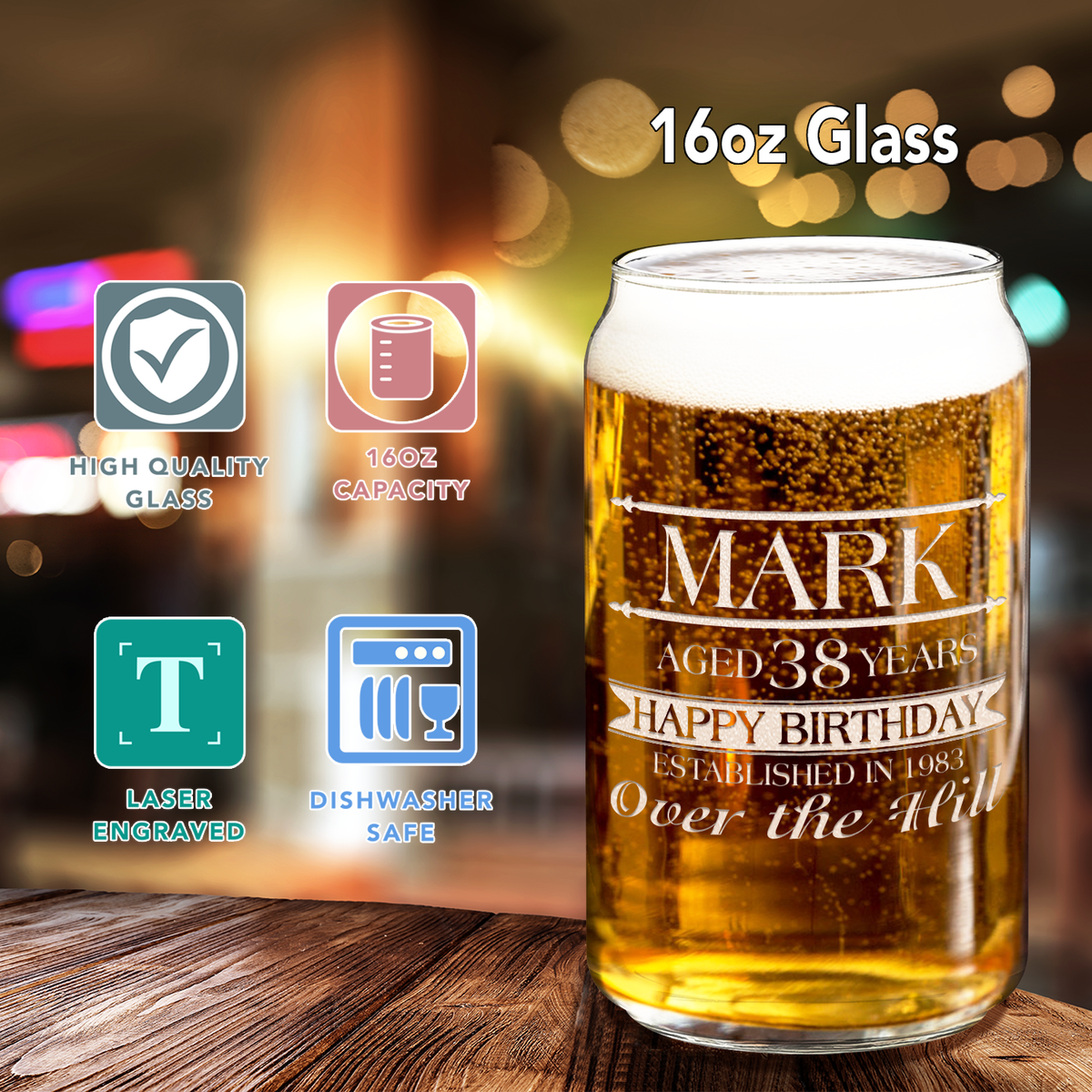 Personalized Name Year and Age Classic Happy Birthday Over The Hill Etched 16 oz Glass Can