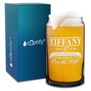 Personalized Year and Age Happy Birthday Over The Hill Etched 16 oz Glass Can