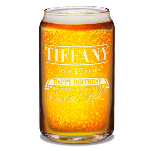 Personalized Year and Age Happy Birthday Over The Hill Etched 16 oz Glass Can