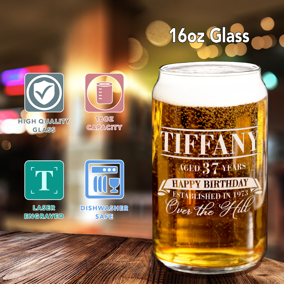 Personalized Year and Age Happy Birthday Over The Hill Etched 16 oz Glass Can