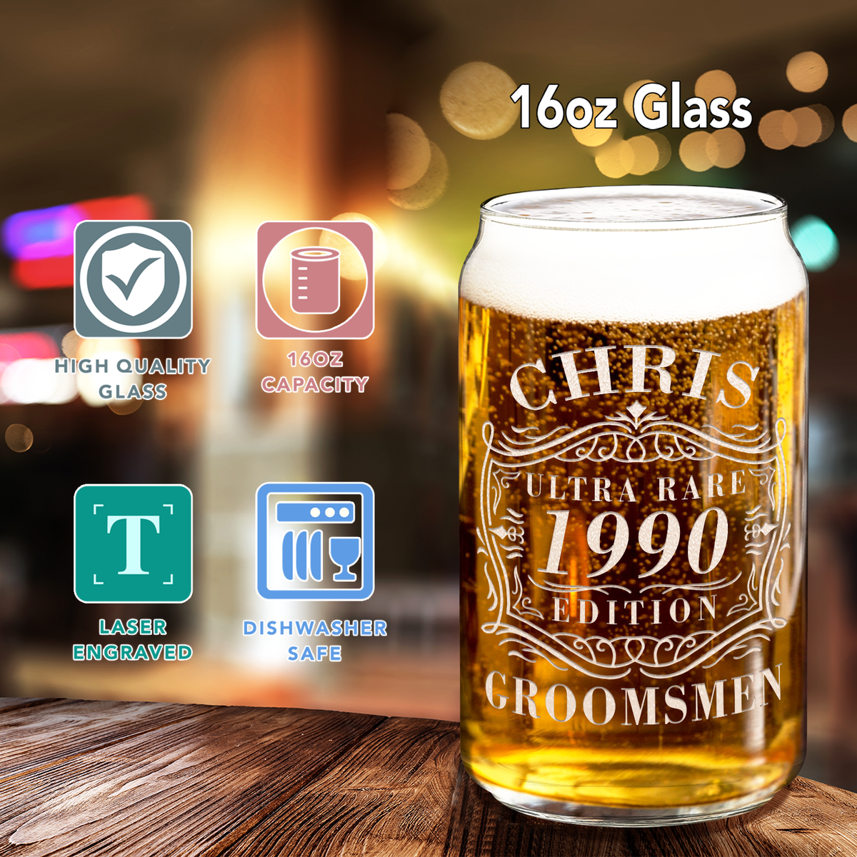 Personalized Ultra Rare Edition Groomsmen Etched 16 oz Glass Can
