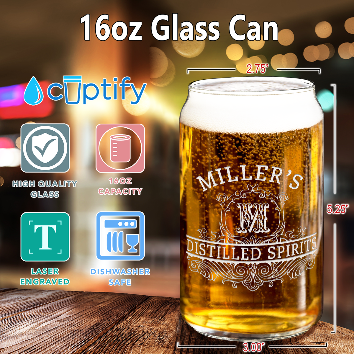 Personalized Distilled Spirits Surname and Initial Etched 16 oz Glass Can