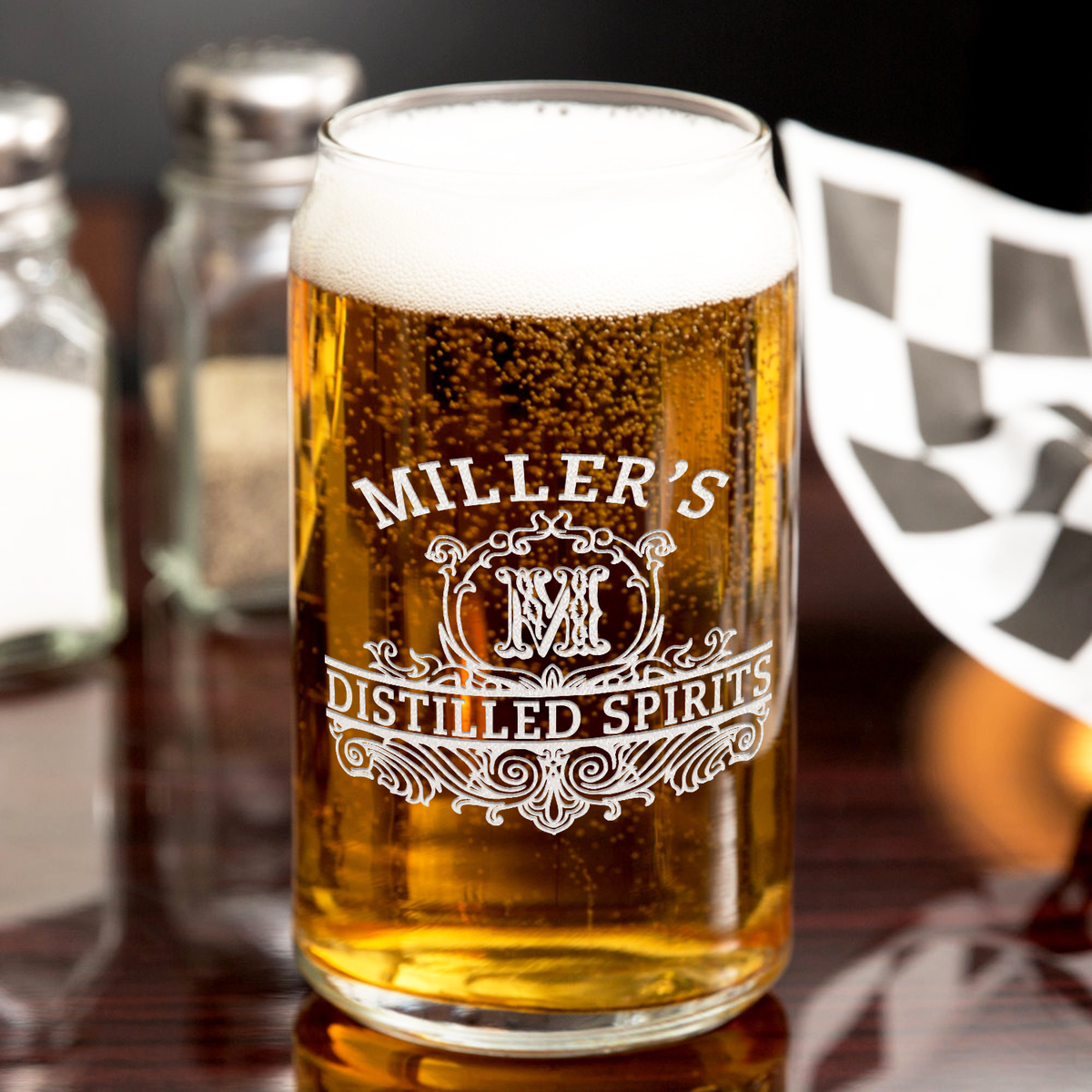 Personalized Distilled Spirits Surname and Initial Etched 16 oz Glass Can