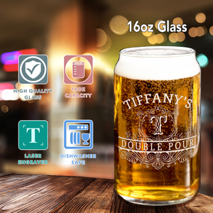 Personalized Double Pour Name and Initial Etched 16 oz Glass Can