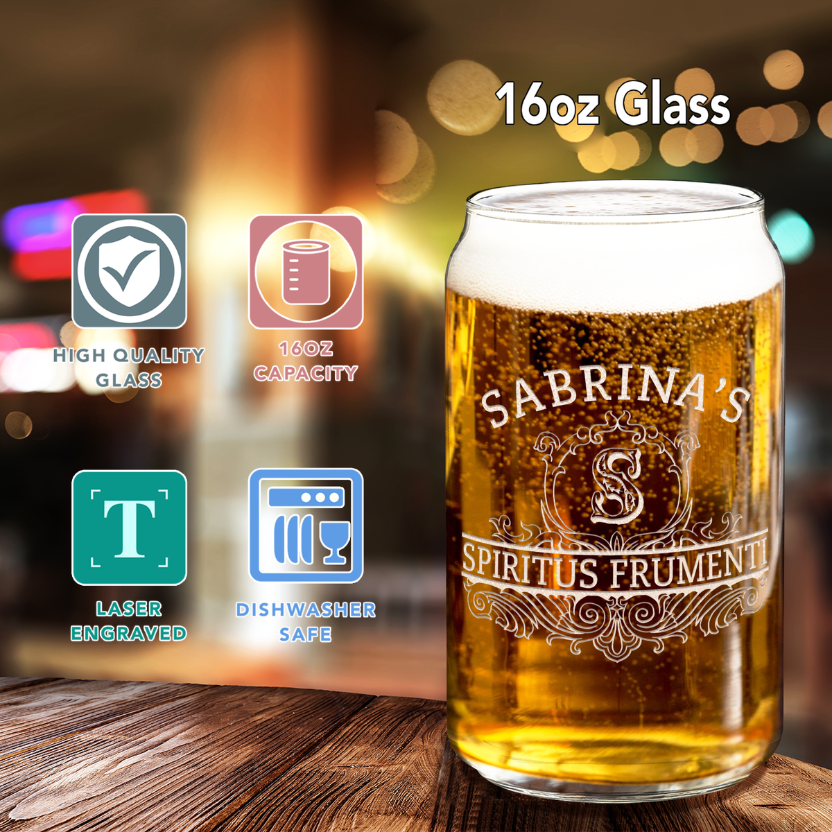 Personalized Spiritus Frumenti Name and Initial Etched 16 oz Glass Can