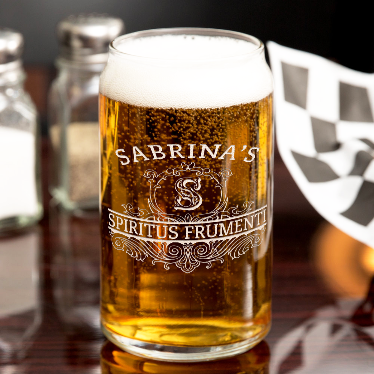 Personalized Spiritus Frumenti Name and Initial Etched 16 oz Glass Can