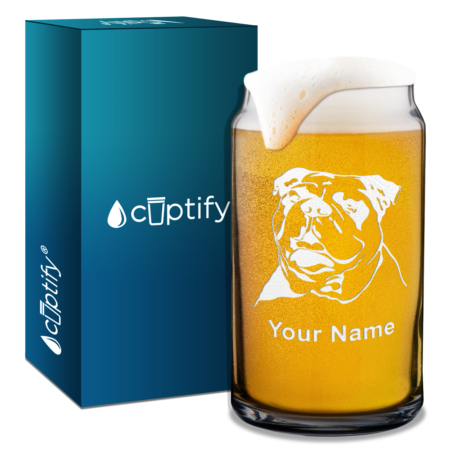 Personalized Bulldog Head 16 oz Beer Glass Can