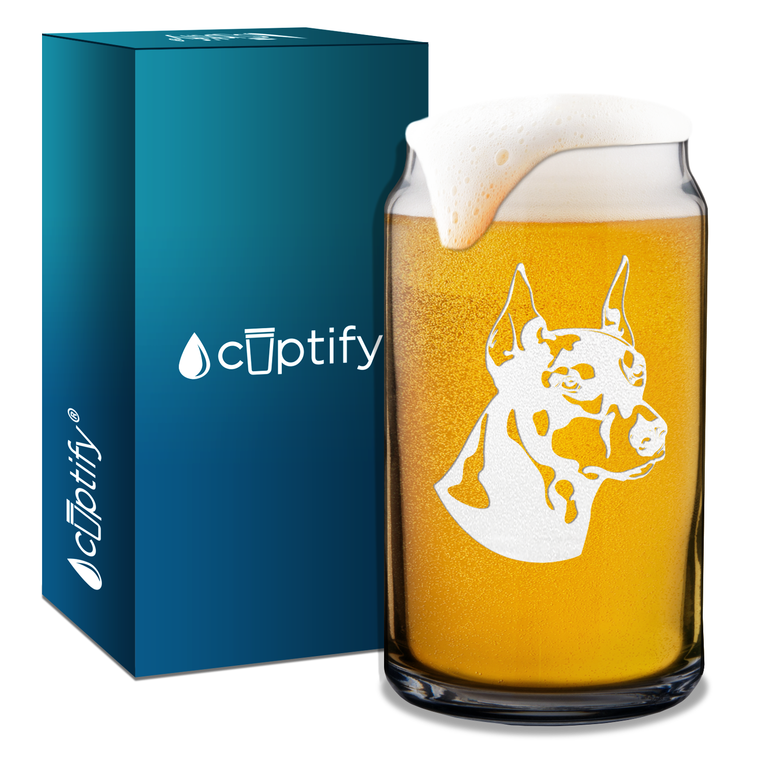 Doberman Pinscher Head 16 oz Beer Glass Can