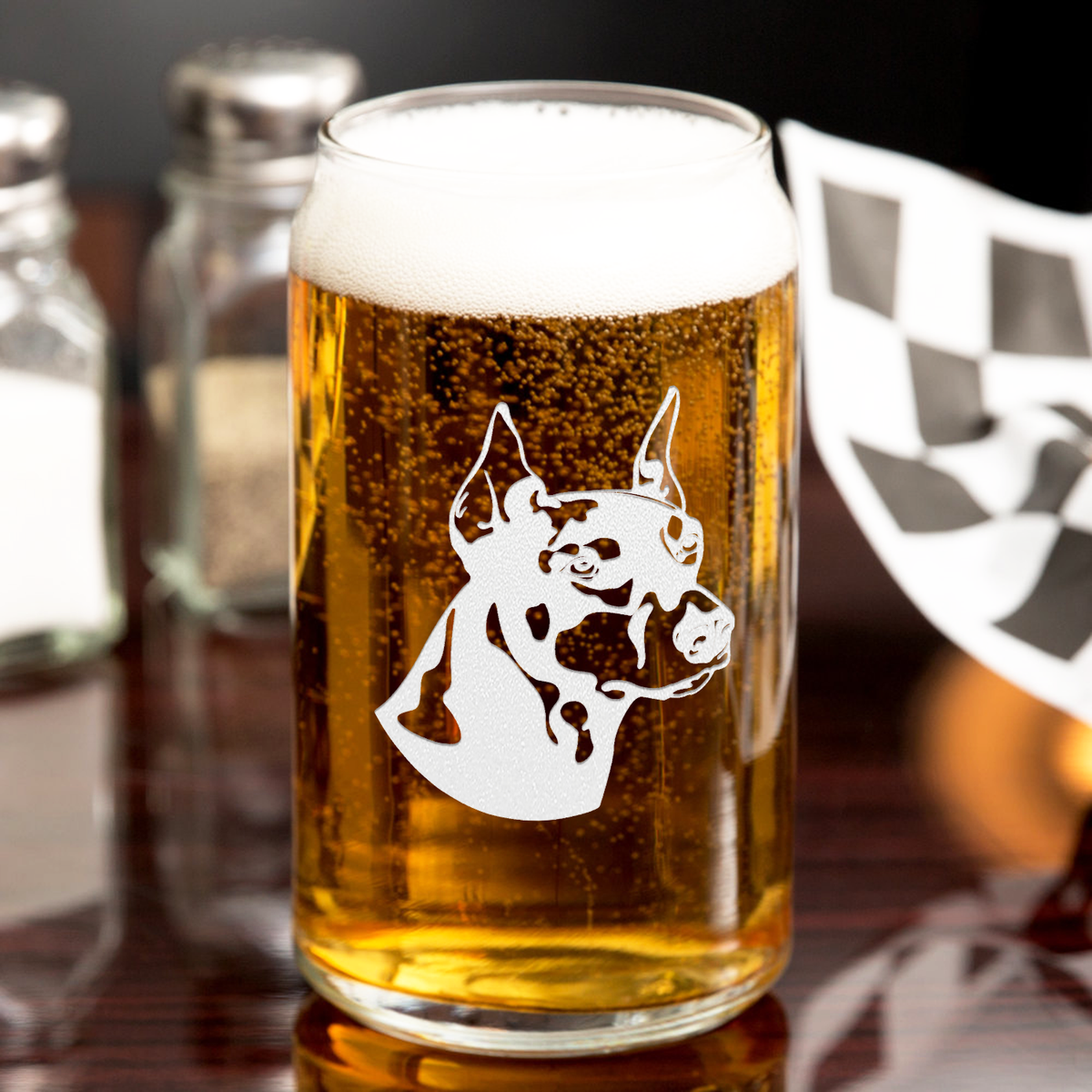 Doberman Pinscher Head 16 oz Beer Glass Can