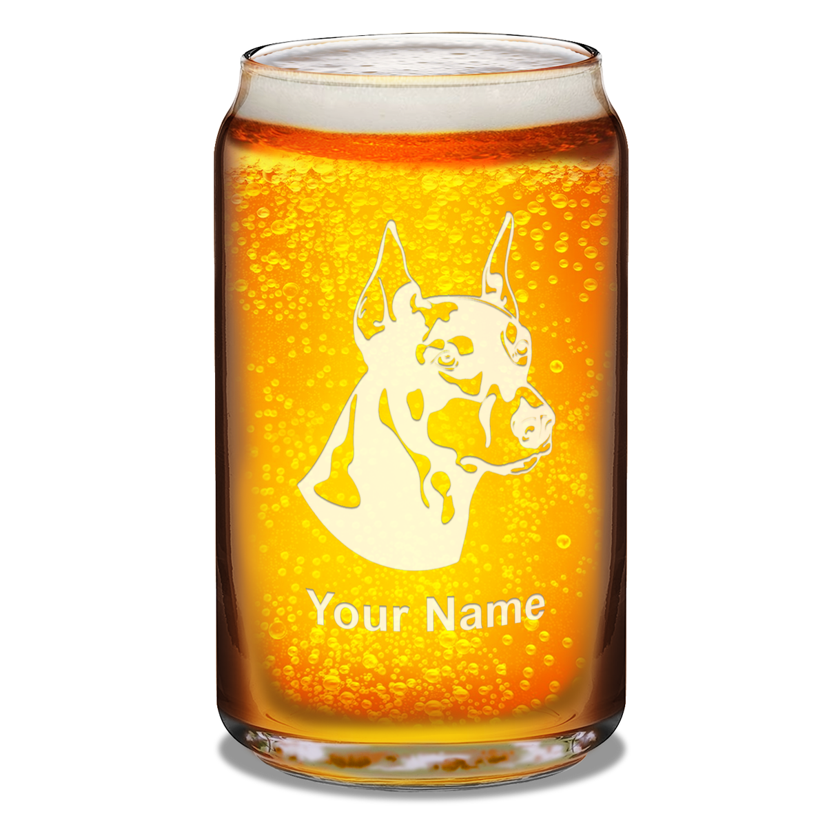 Personalized Doberman Pinscher Head 16 oz Beer Glass Can
