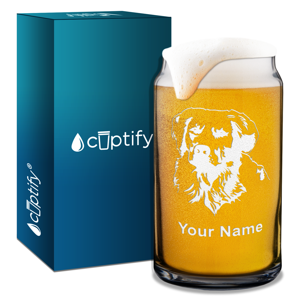 Personalized Golden Retriever Head 16 oz Beer Glass Can