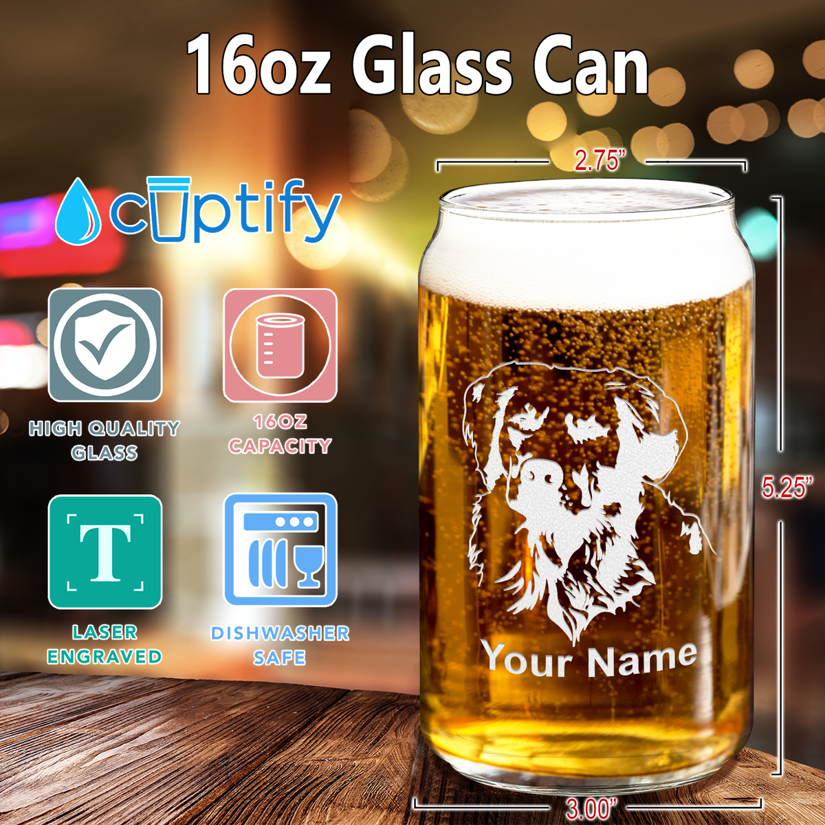 Personalized Golden Retriever Head 16 oz Beer Glass Can