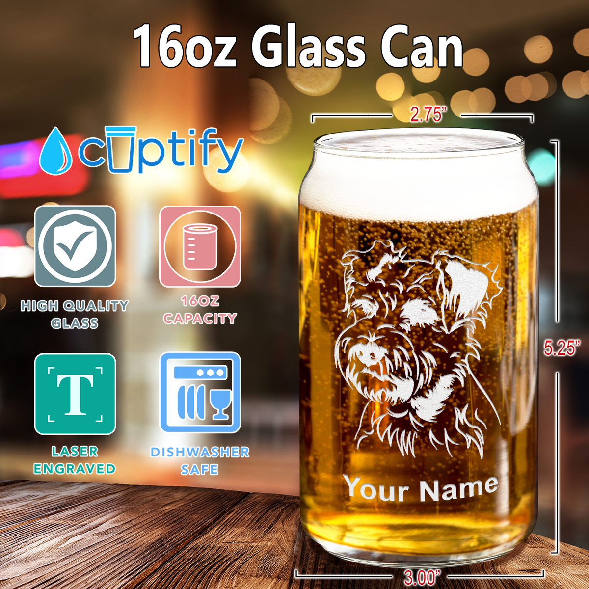 Personalized Miniature Schnauzer Head 16 oz Beer Glass Can