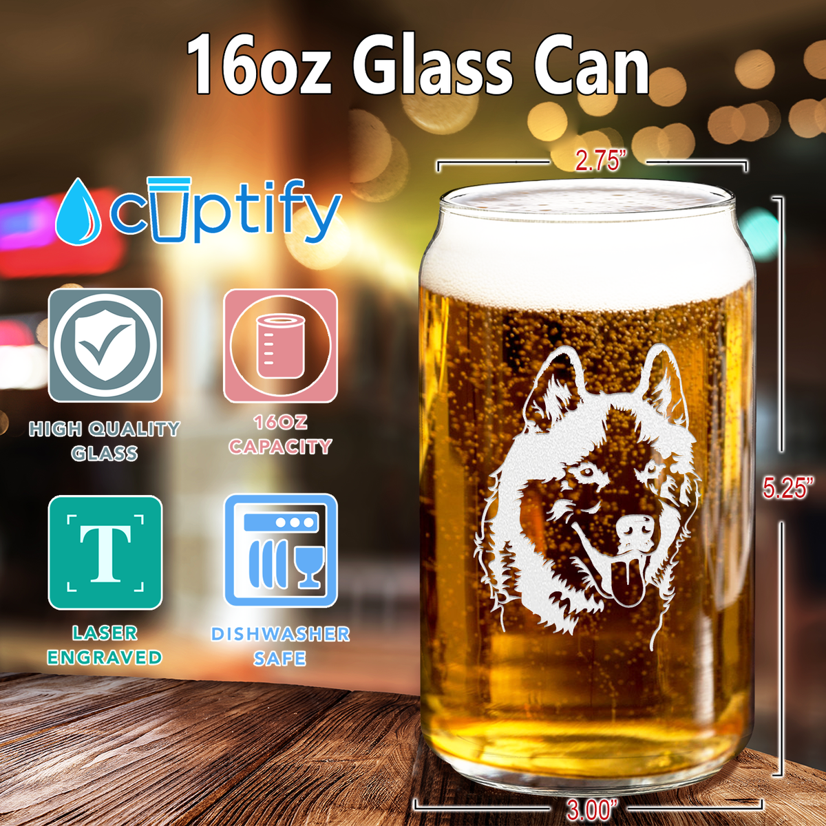 Siberian Huskie Head 16 oz Beer Glass Can