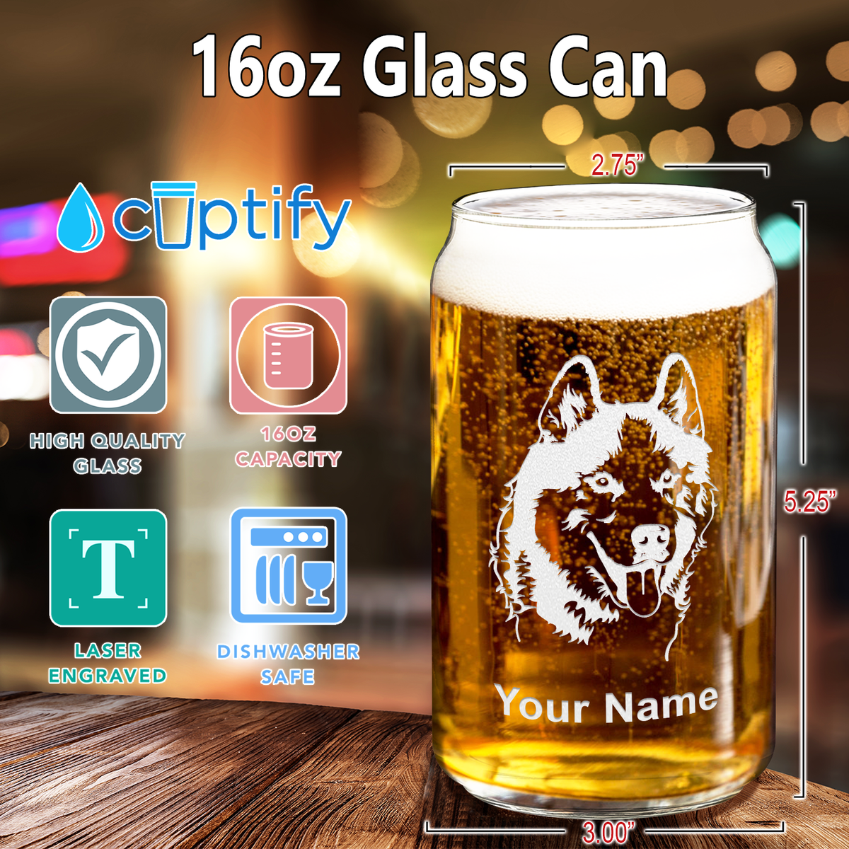 Personalized Siberian Huskie Head 16 oz Beer Glass Can