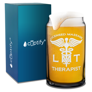 LMT Licensed Massage Therapist Etched 16 oz Beer Glass Can