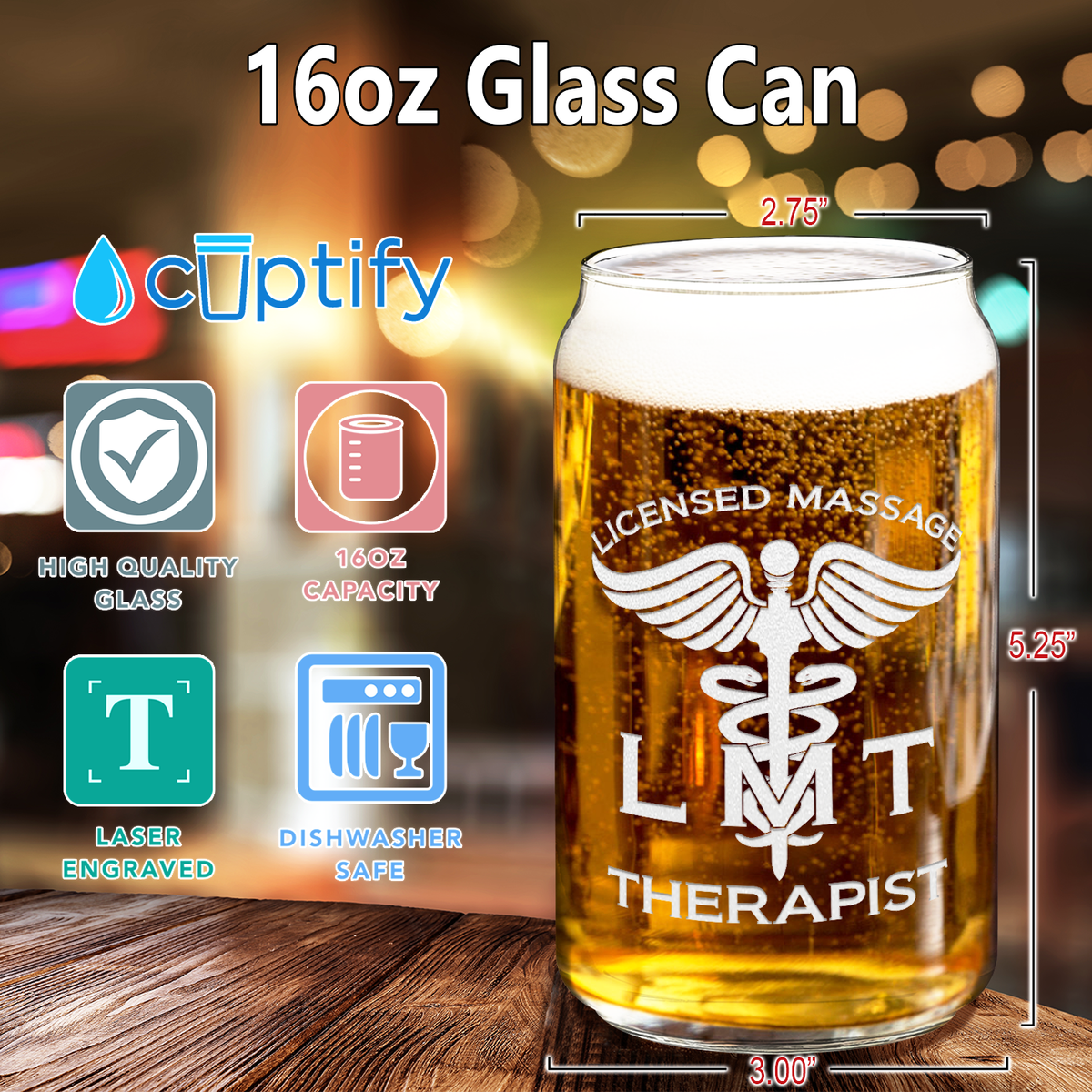 LMT Licensed Massage Therapist Etched 16 oz Beer Glass Can