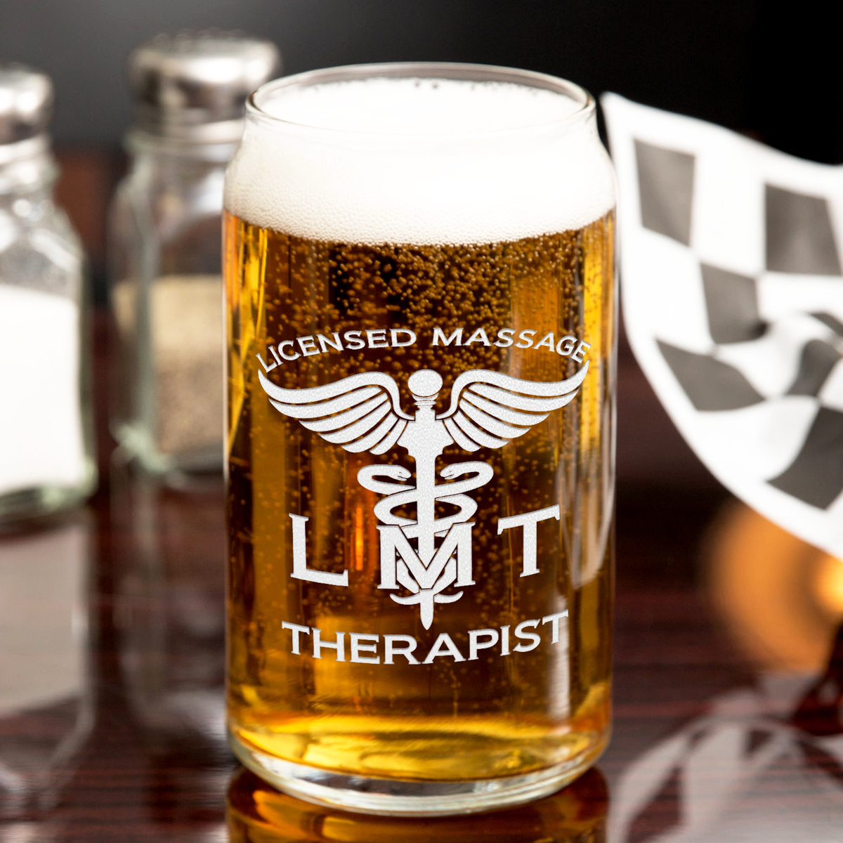 LMT Licensed Massage Therapist Etched 16 oz Beer Glass Can