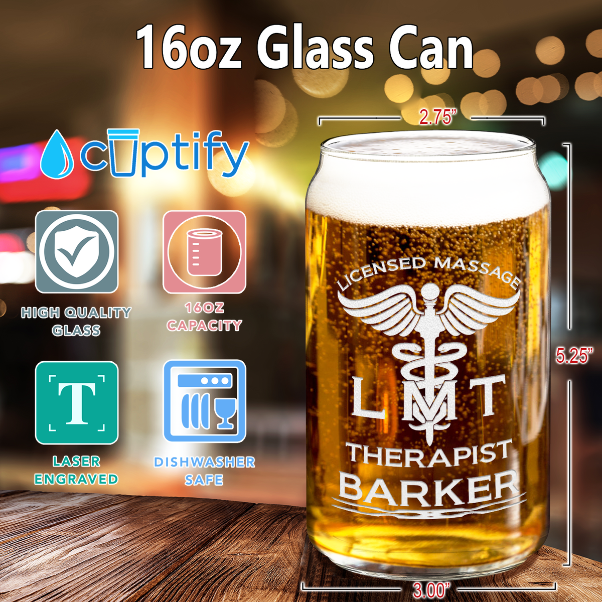 Personalized LMT Licensed Massage Therapist Etched 16 oz Beer Glass Can