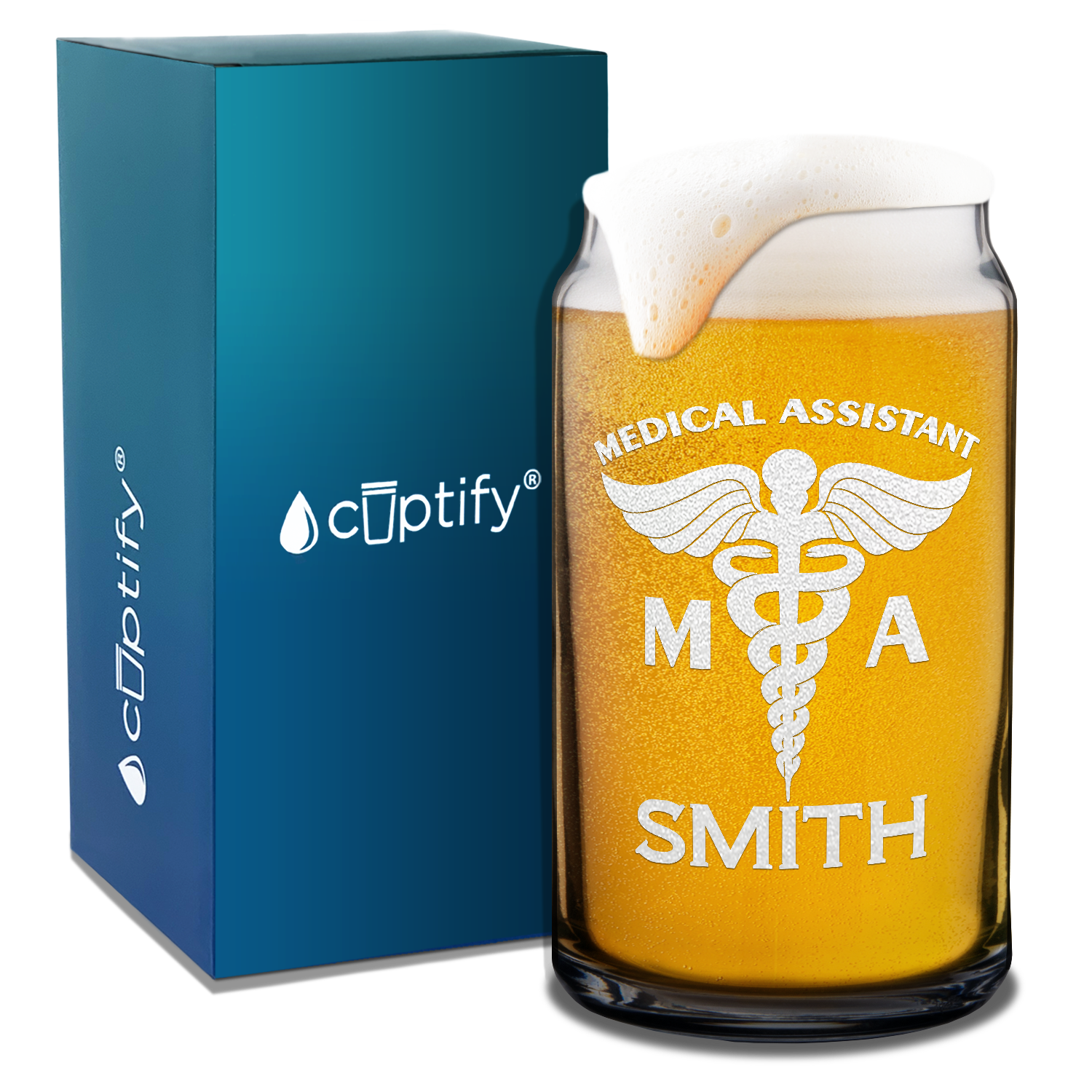 Personalized MA Medical Assistant Etched 16 oz Beer Glass Can