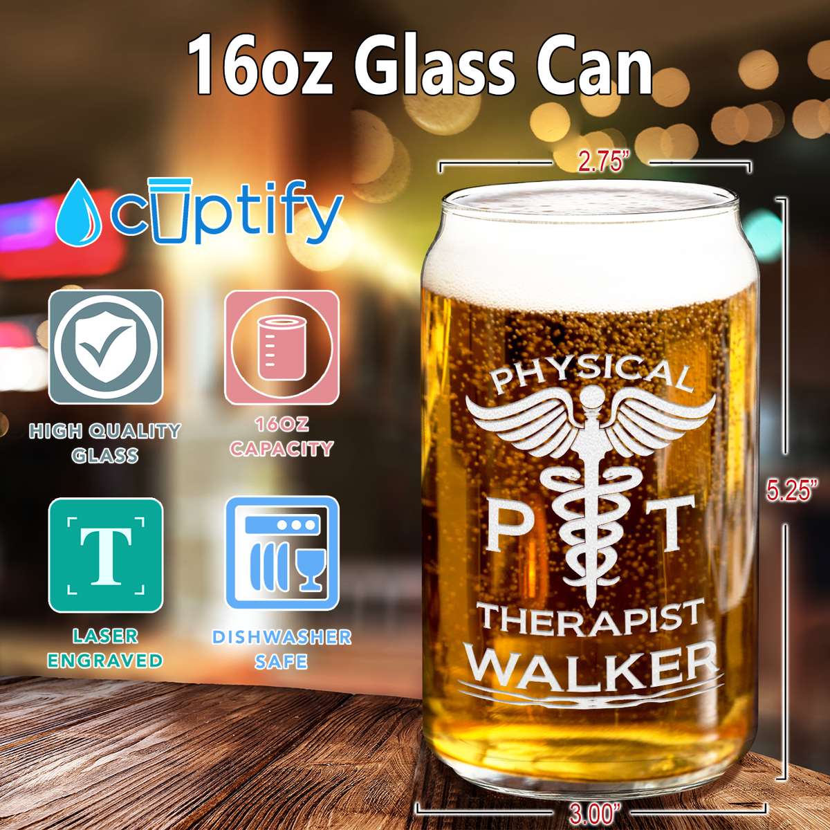 Personalized PT Physical Therapist Etched 16 oz Beer Glass Can