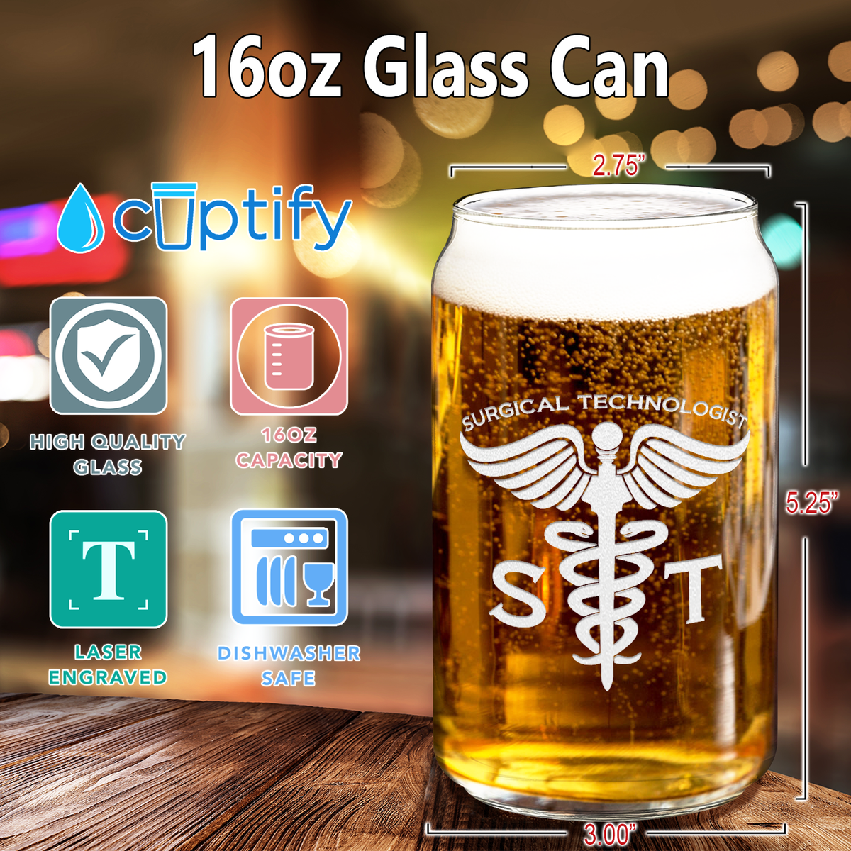 ST Surgical Technologist Etched 16 oz Beer Glass Can