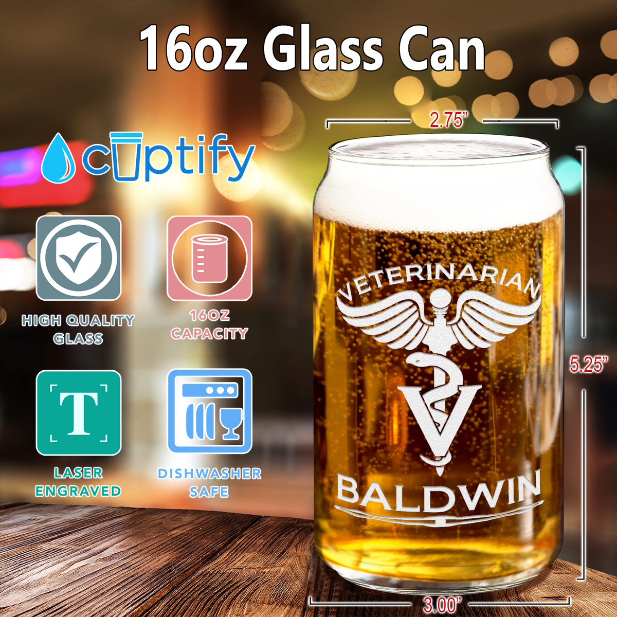 Personalized Veterinarian Etched 16 oz Beer Glass Can