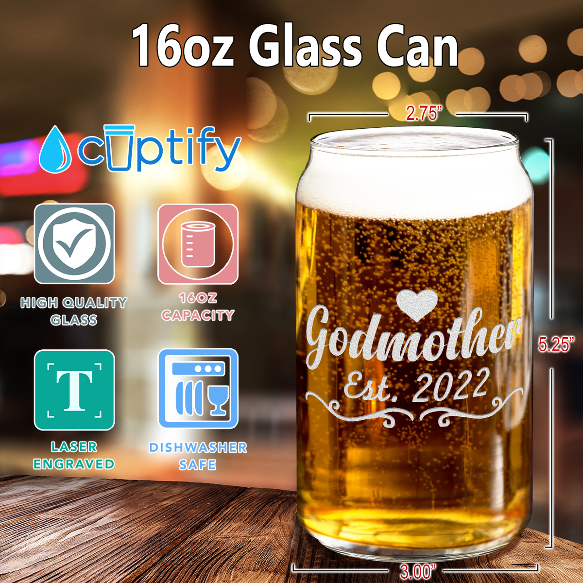  Godmother Est. 2022 Etched on 16 oz Beer Glass Can