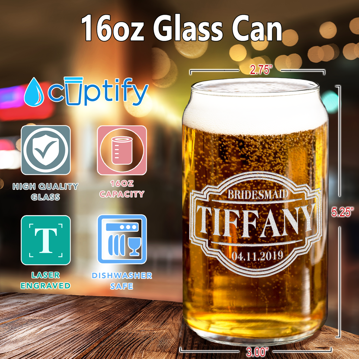  Personalized Bridesmaid Etched on 16 oz Beer Glass Can