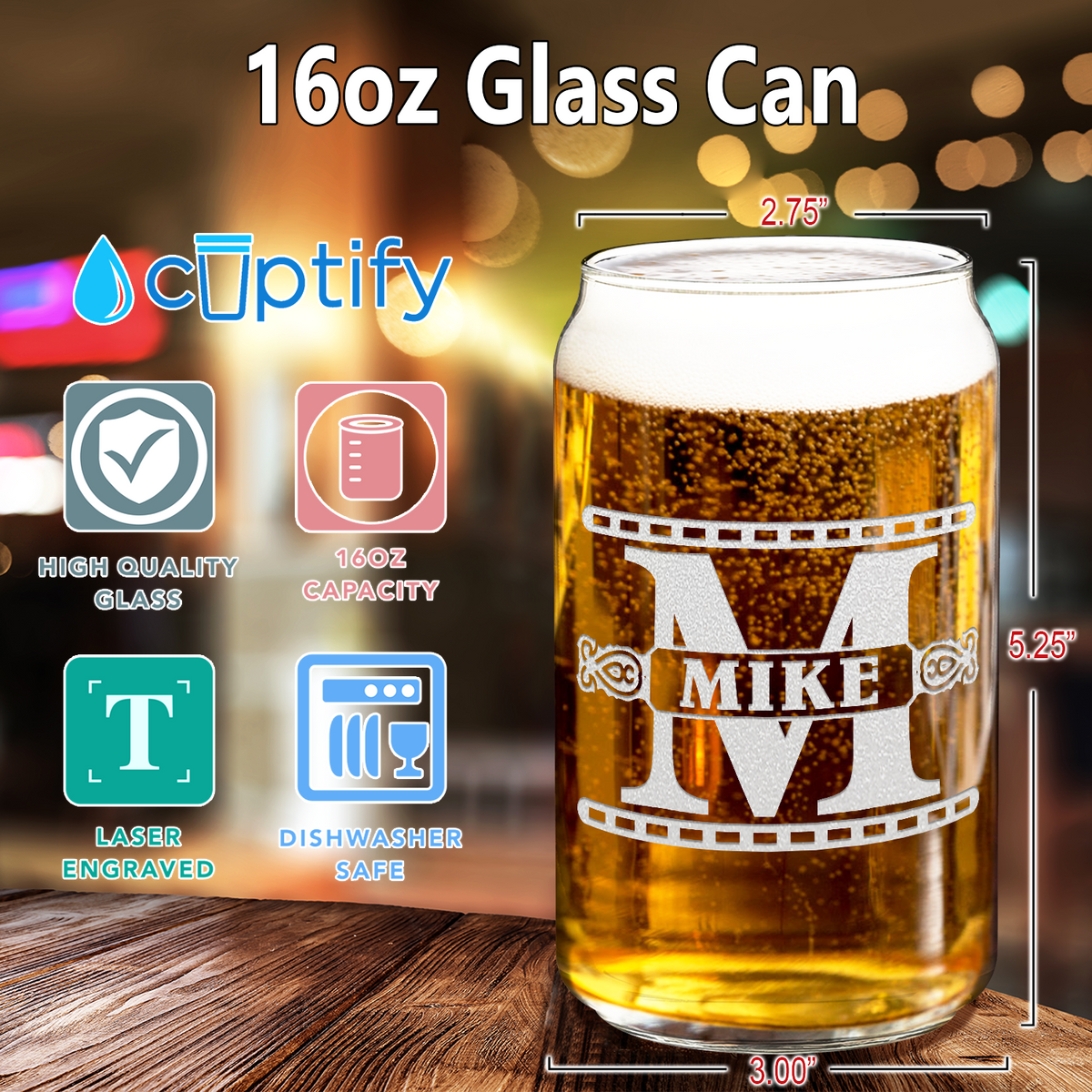  Personalized Monogram Initial Groomsmen Etched on 16 oz Beer Glass Can