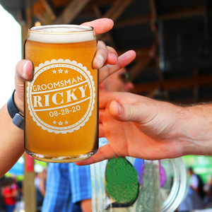  Personalized Groomsman Crest Etched on 16 oz Beer Glass Can