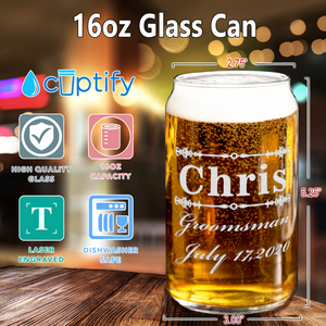  Personalized Groomsman Elegant Etched on 16 oz Beer Glass Can