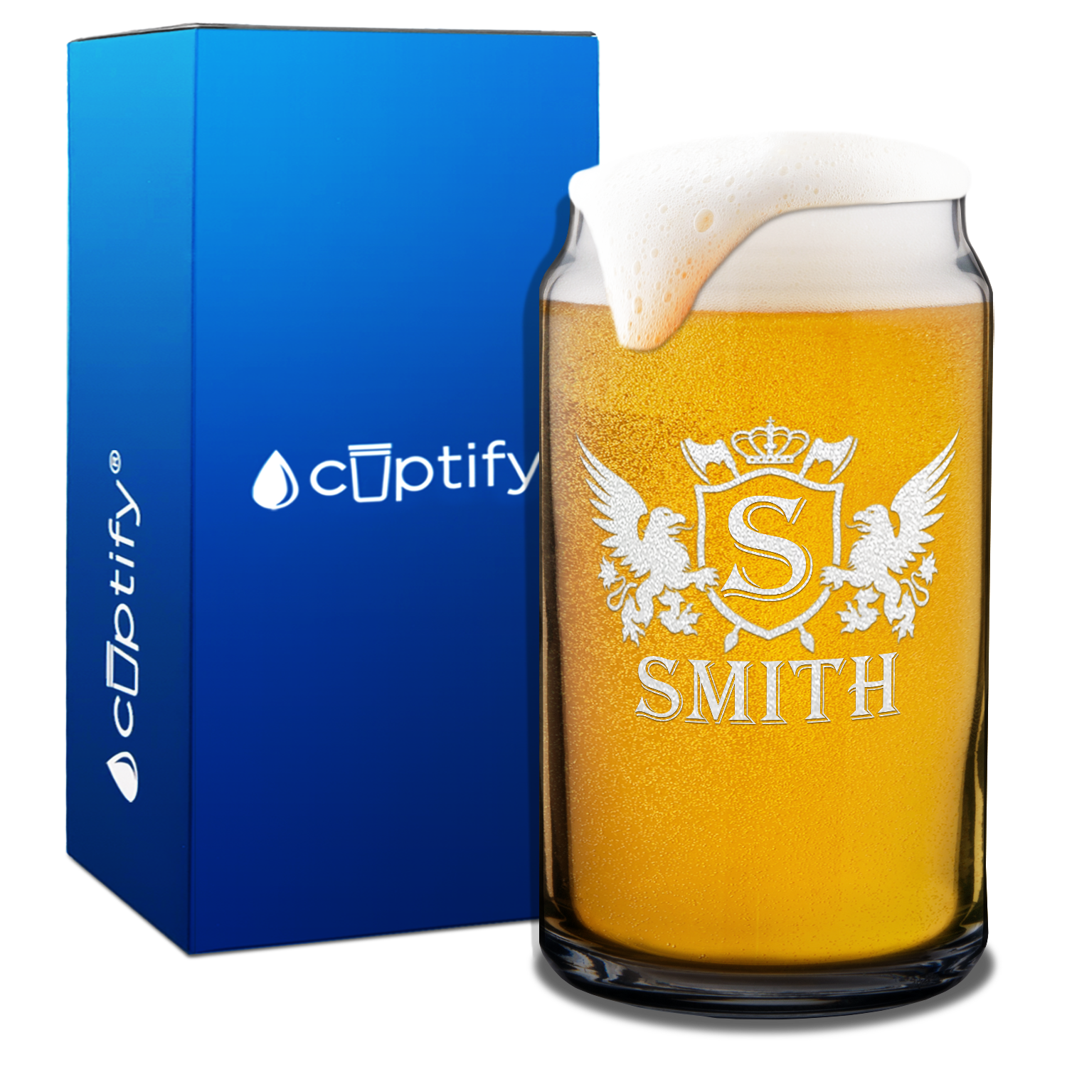 Personalized Monogram Initial Badge Crown Etched 16oz Glass Can