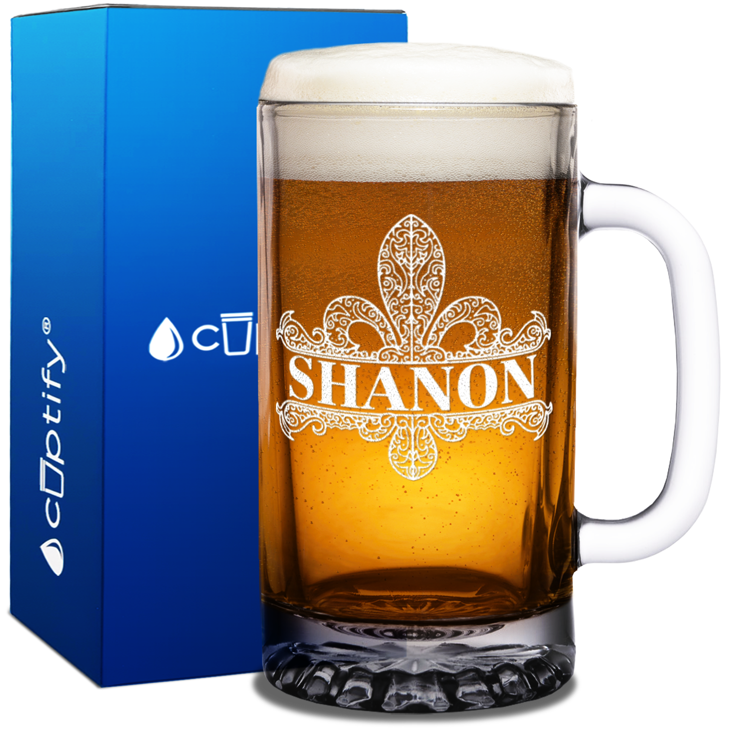 Personalized Fleur de Lis Etched 16oz Beer Glass Mug