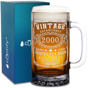 25th Birthday Gift Vintage Established 2000 Etched on 16oz Glass Mug
