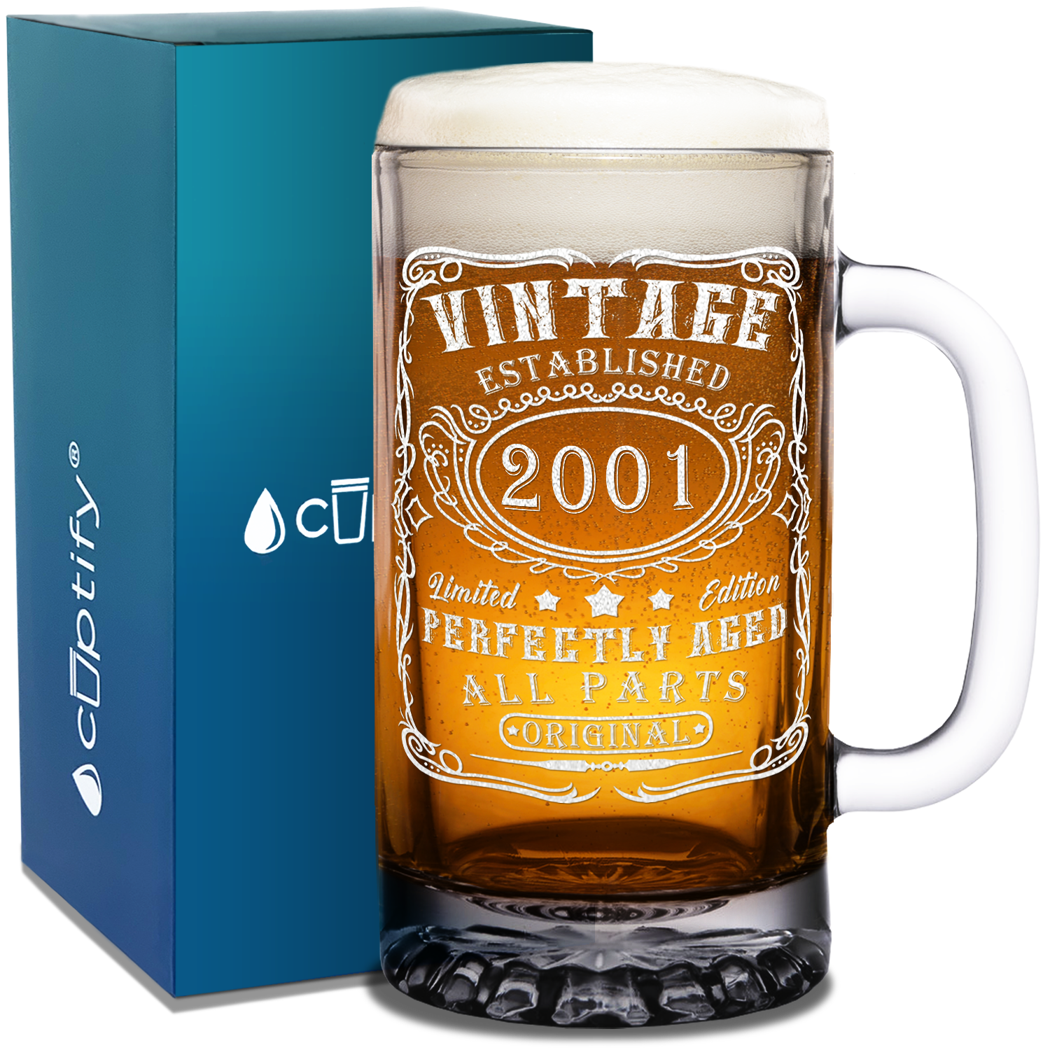 21st Birthday Gift Vintage Established 2001 Etched on 16oz Glass Mug