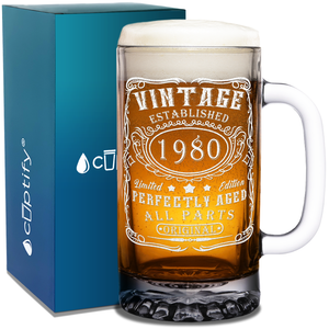 45th Birthday Gift Vintage Established 1980 Etched on 16oz Glass Mug