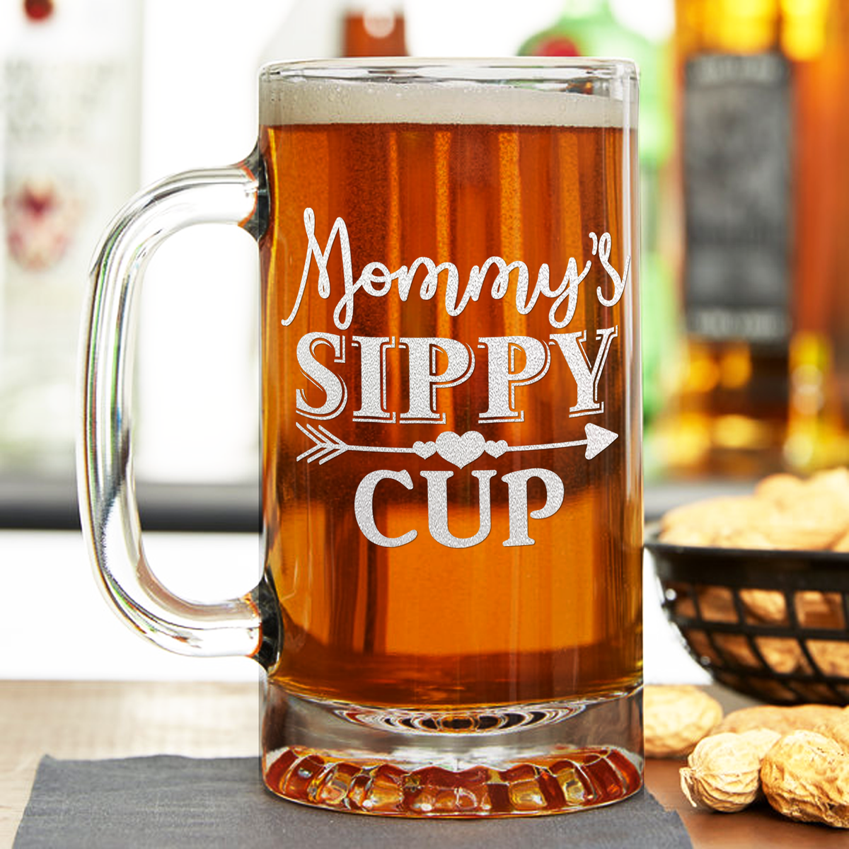 Mommy's Sippy Cup Arrow Etched 16 oz Beer Mug Glass