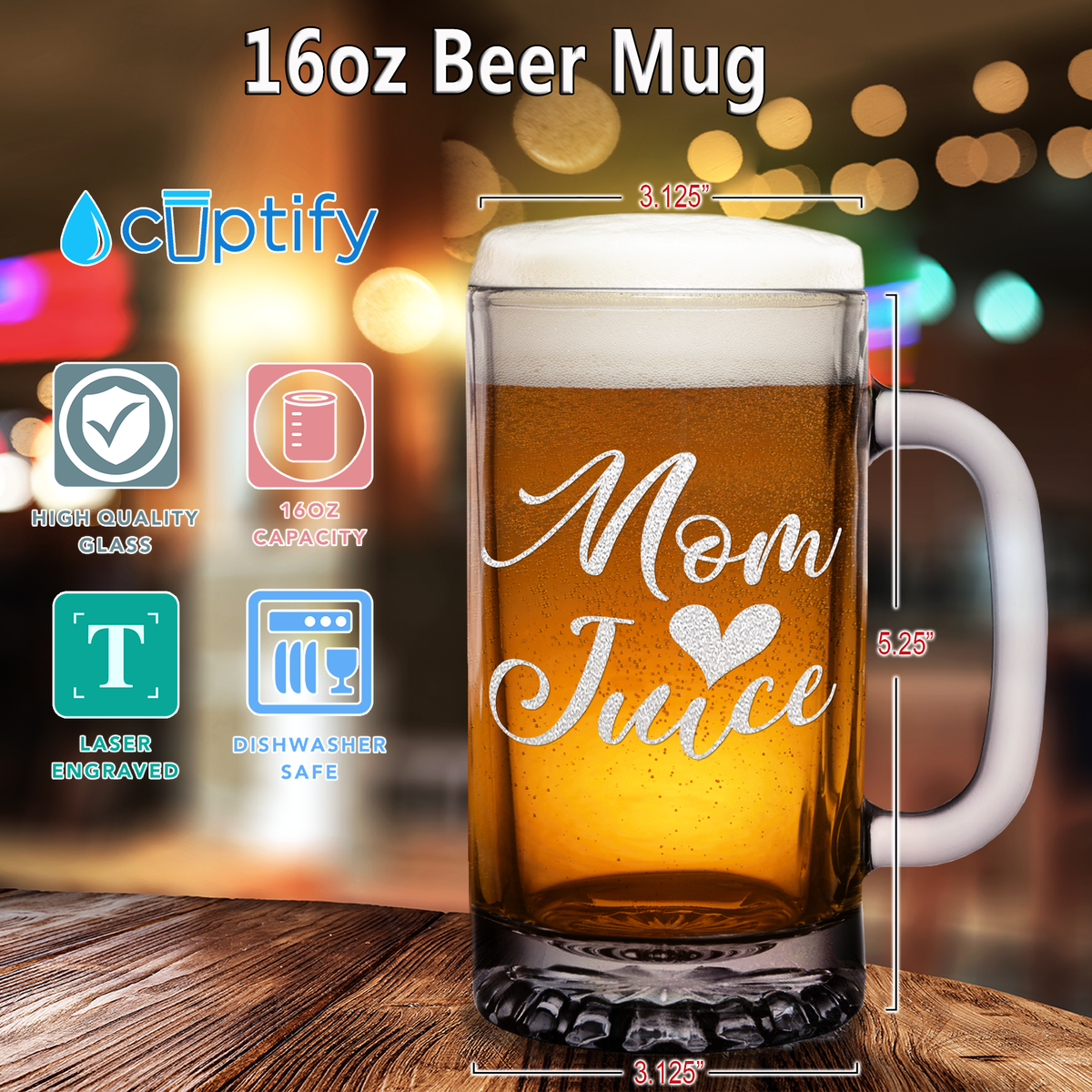 Mom Juice Etched 16 oz Beer Mug Glass
