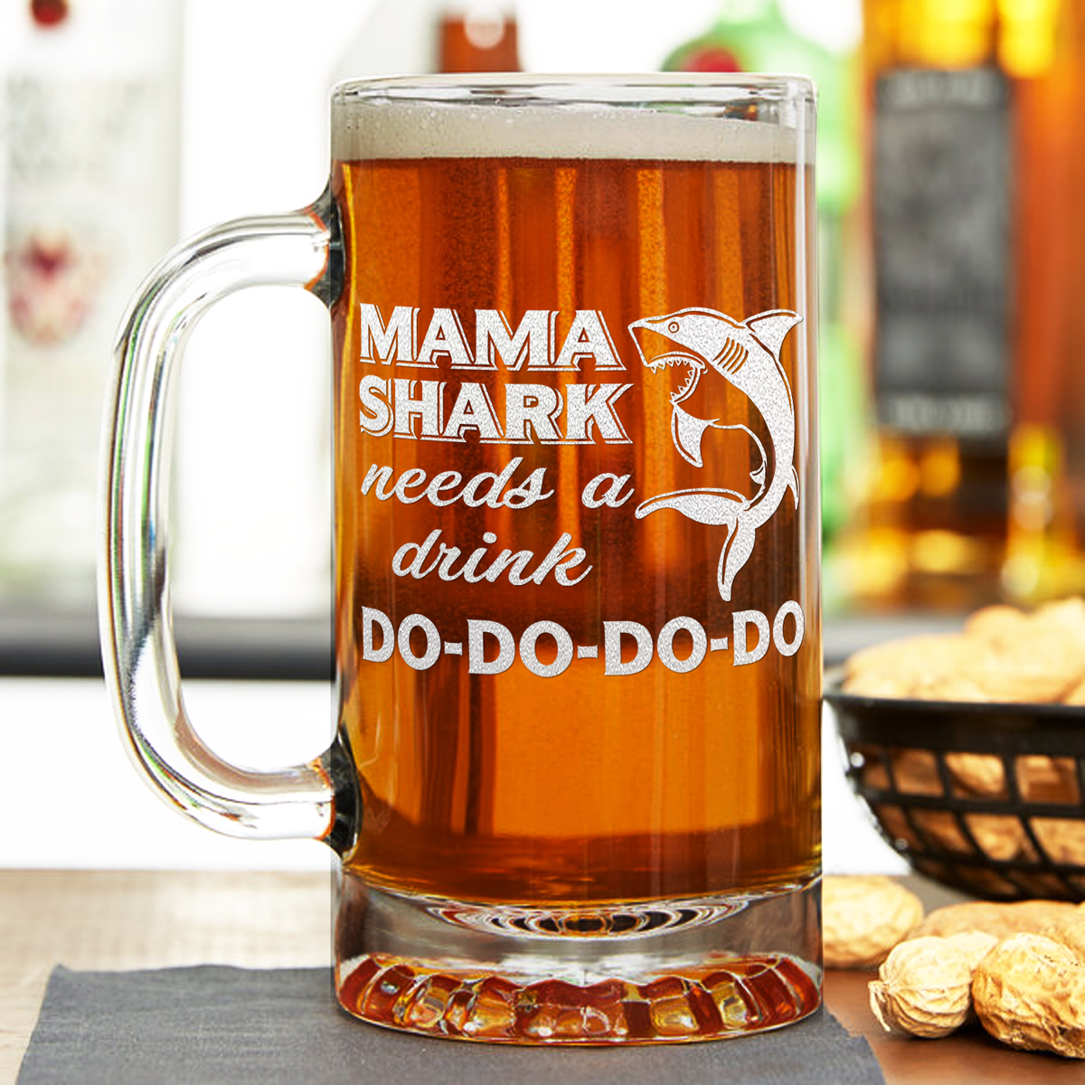 Mama Shark Needs a Drink Etched 16 oz Beer Mug Glass