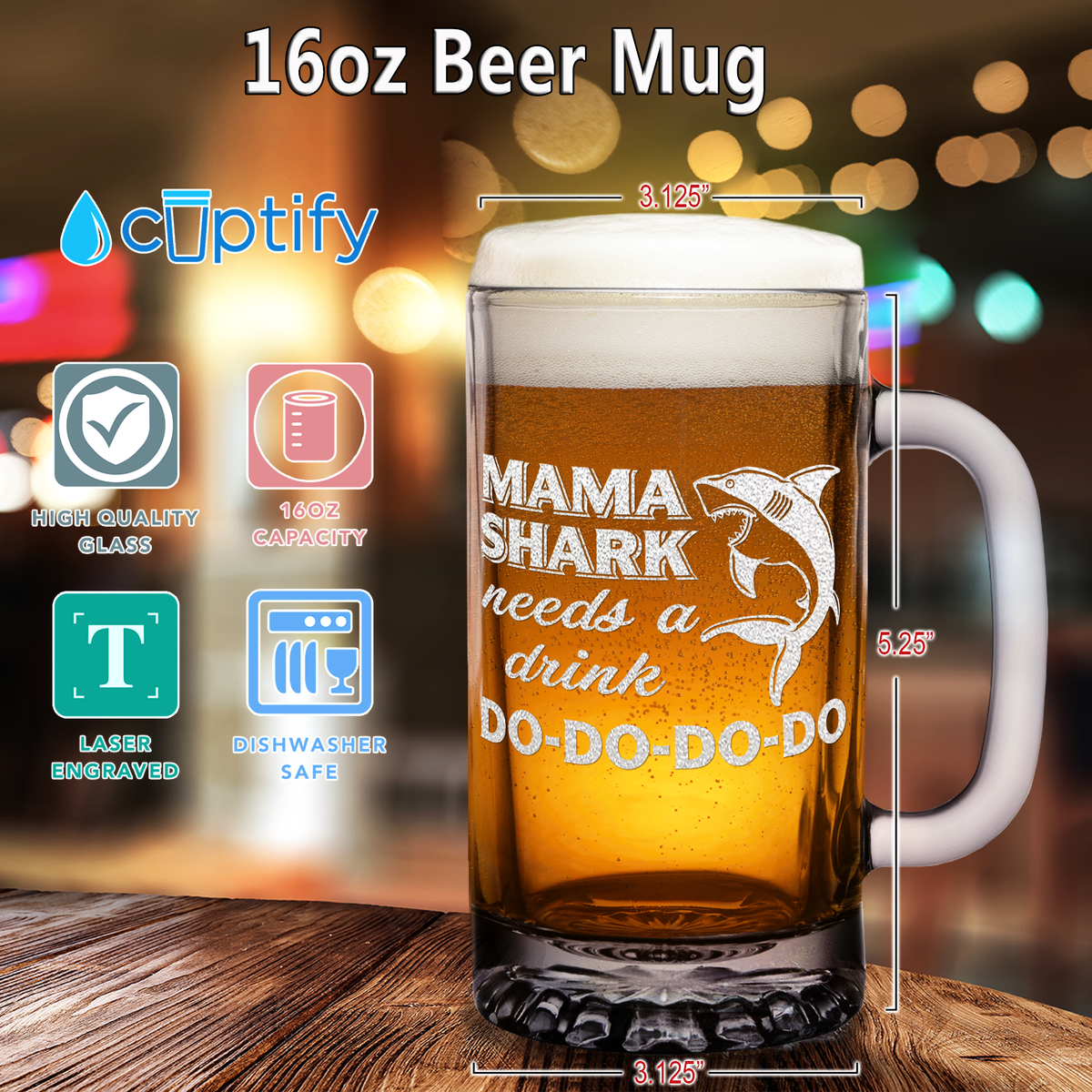 Mama Shark Needs a Drink Etched 16 oz Beer Mug Glass